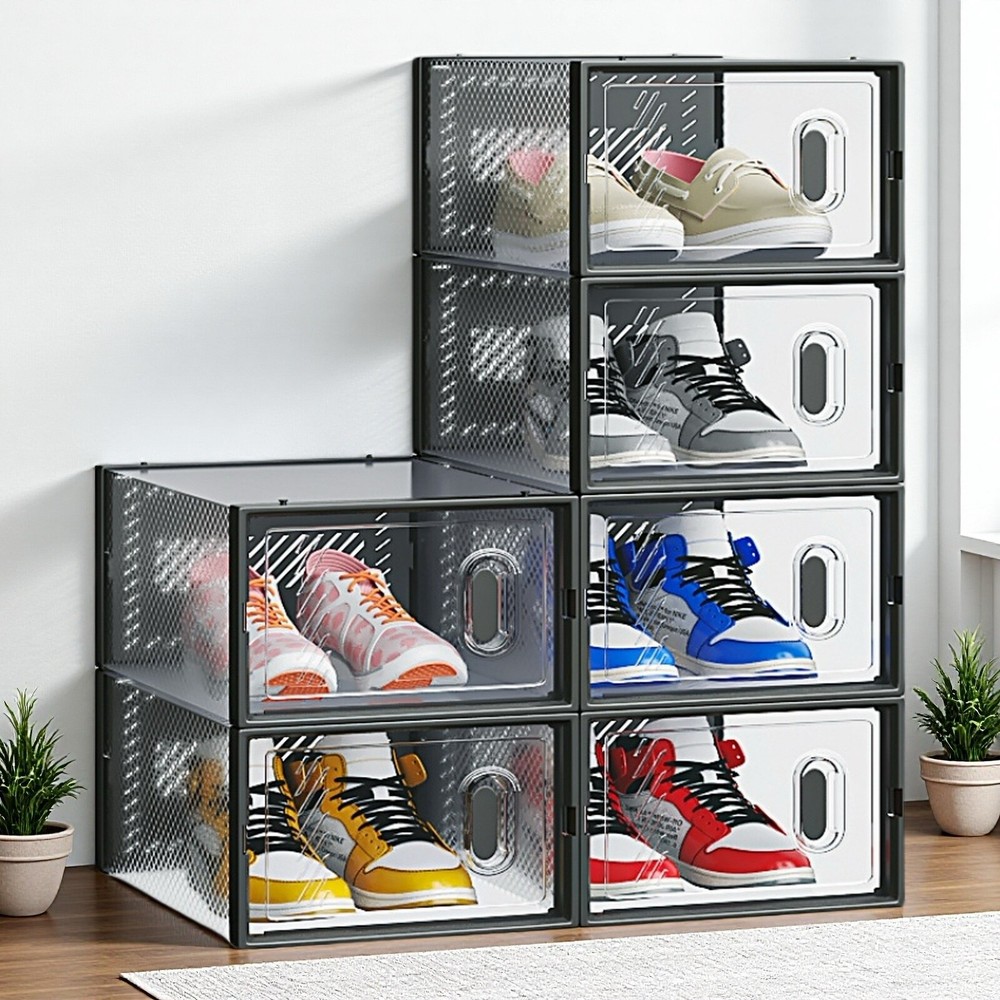 6-Pack Shoe Storage Boxes - Stackable, Plastic Mesh, Door, Black & Small Size