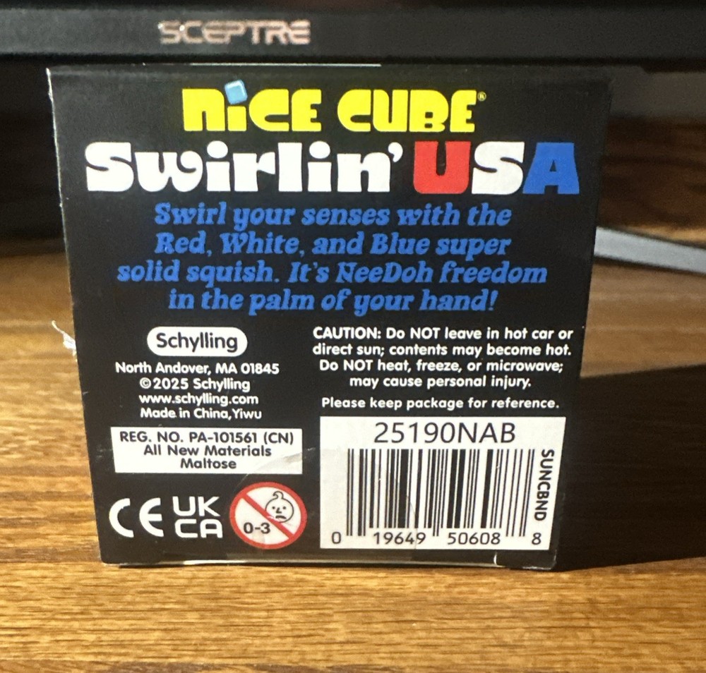 NeeDoh Nice Cube Swirlin USA Super Solid Squish Sensory Red White Blue