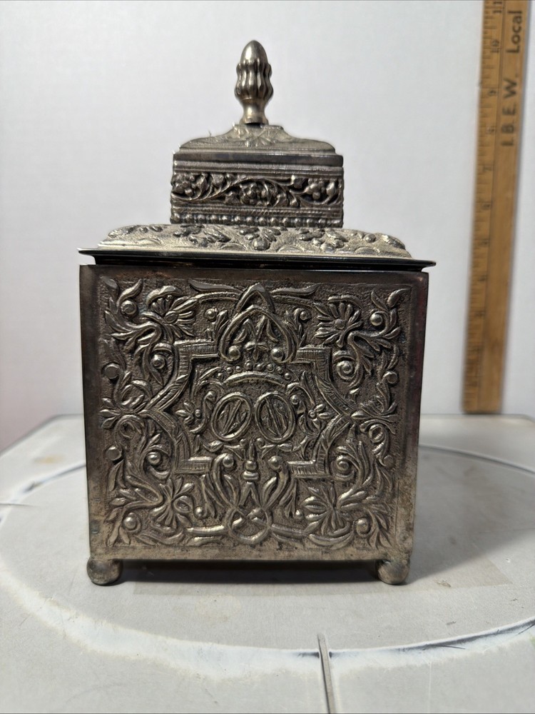 Vintage Footed Silver plate Repoussé Floral Design Tea Caddy Casket Unmarked