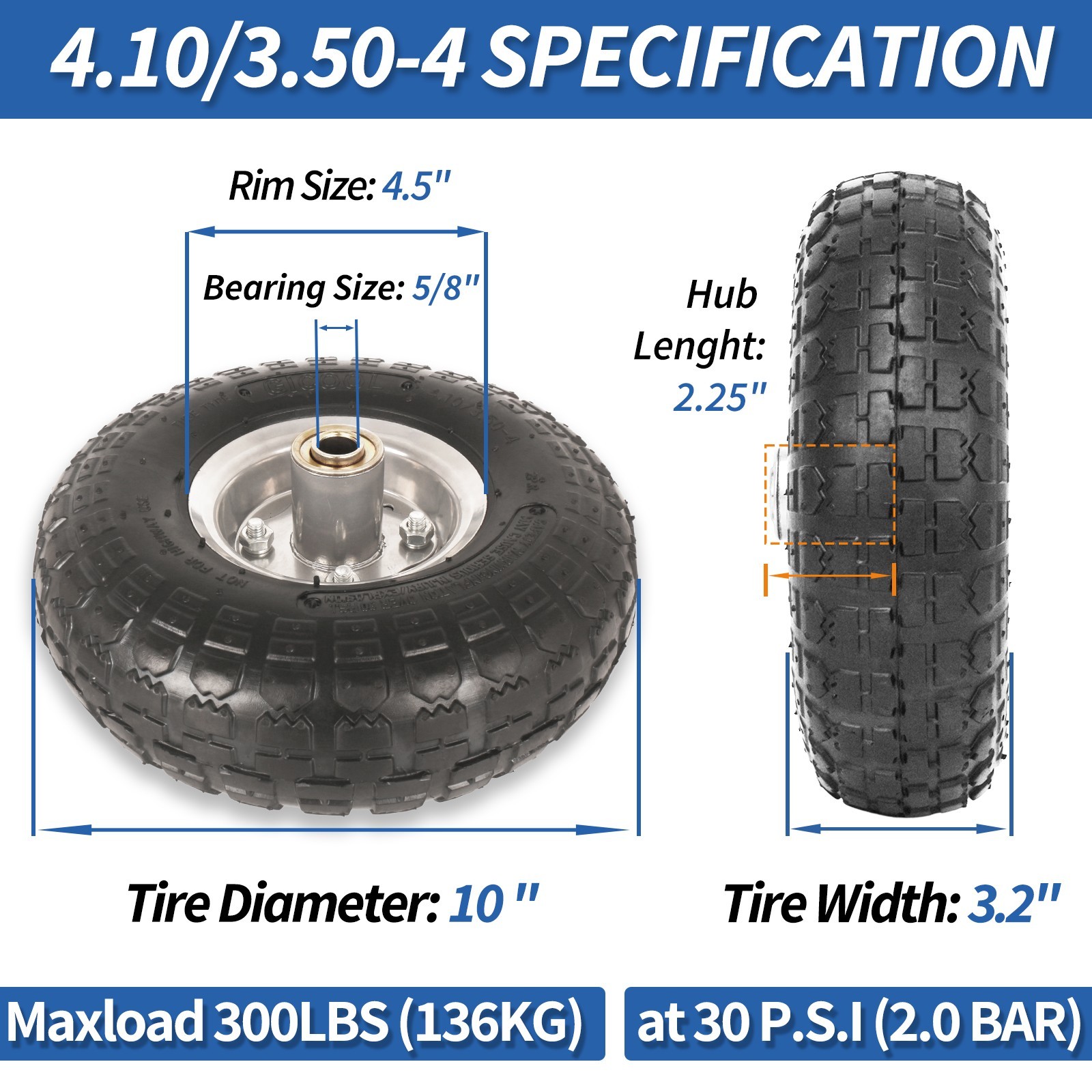 2-Pack 4.10/3.50-4" Tire & Wheel, 10" Pneumatic Tire for Hand Truck Trolley Cart