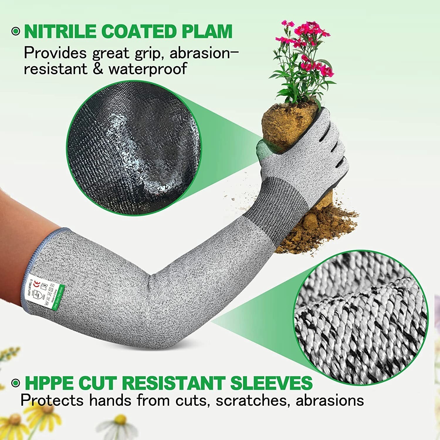 EvridWear Long Gardening Gloves Cut Resistant Sleeves with Nitrile Coated Palm