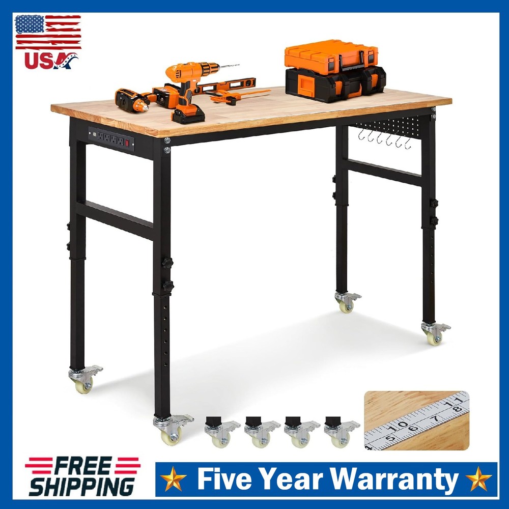 Adjustable Height Workbench 48"x24" Work Bench Table 2000 Lbs with Power Outlet
