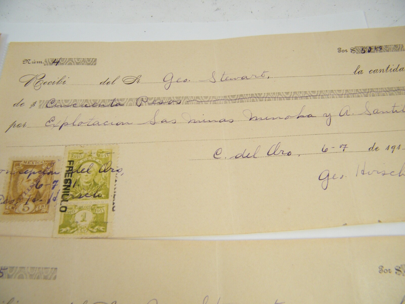 1911 EXPLOTACION MINOKA MINES PAYMENT RECEIPTS WRITTEN IN SPANISH 50 PESOS