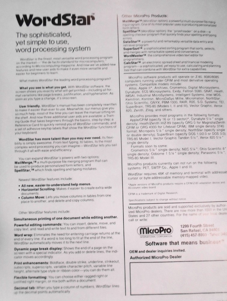 1982 MicroPro Wordstar Promo Flyer
