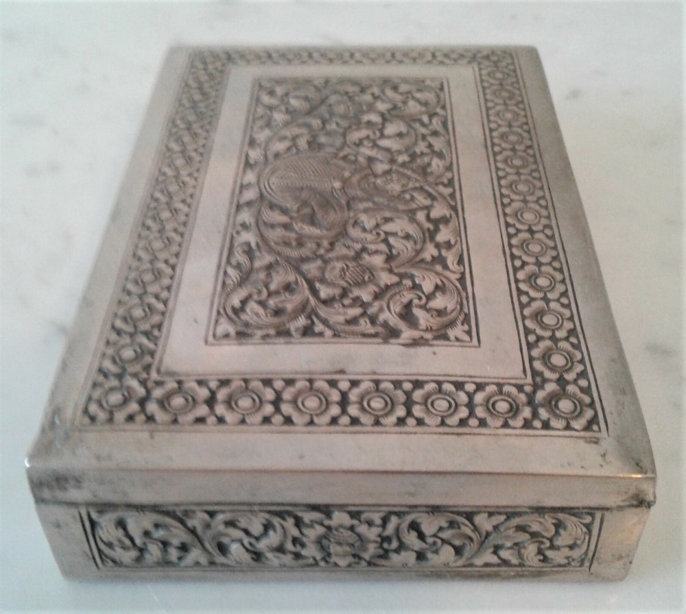 Antique Engraved Repousse Cambodian? Dancer Solid 900 Silver Box - Beautiful!