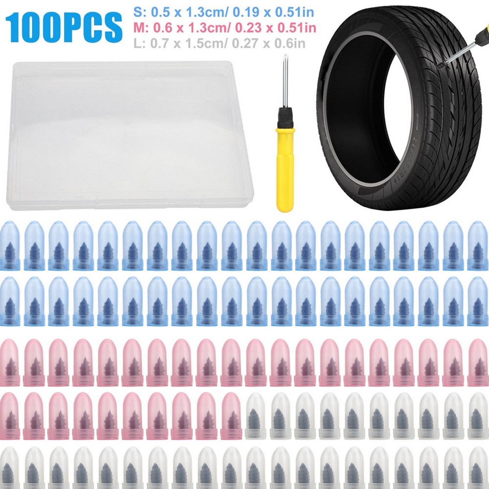 100PCS Tire Repair Screws Kit With Screwdriver 3 Sizes Rubber Plugs Flat Tires