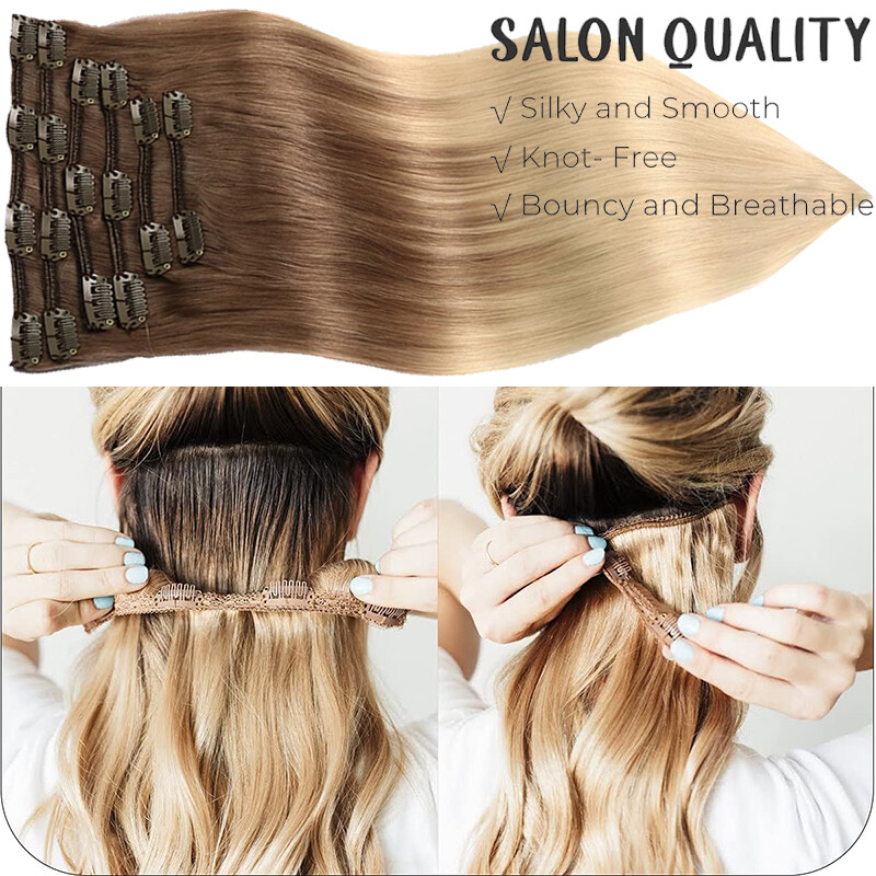 Thick Double Weft Clip In Real Remy Human Hair Extensions Full Head Highlight US