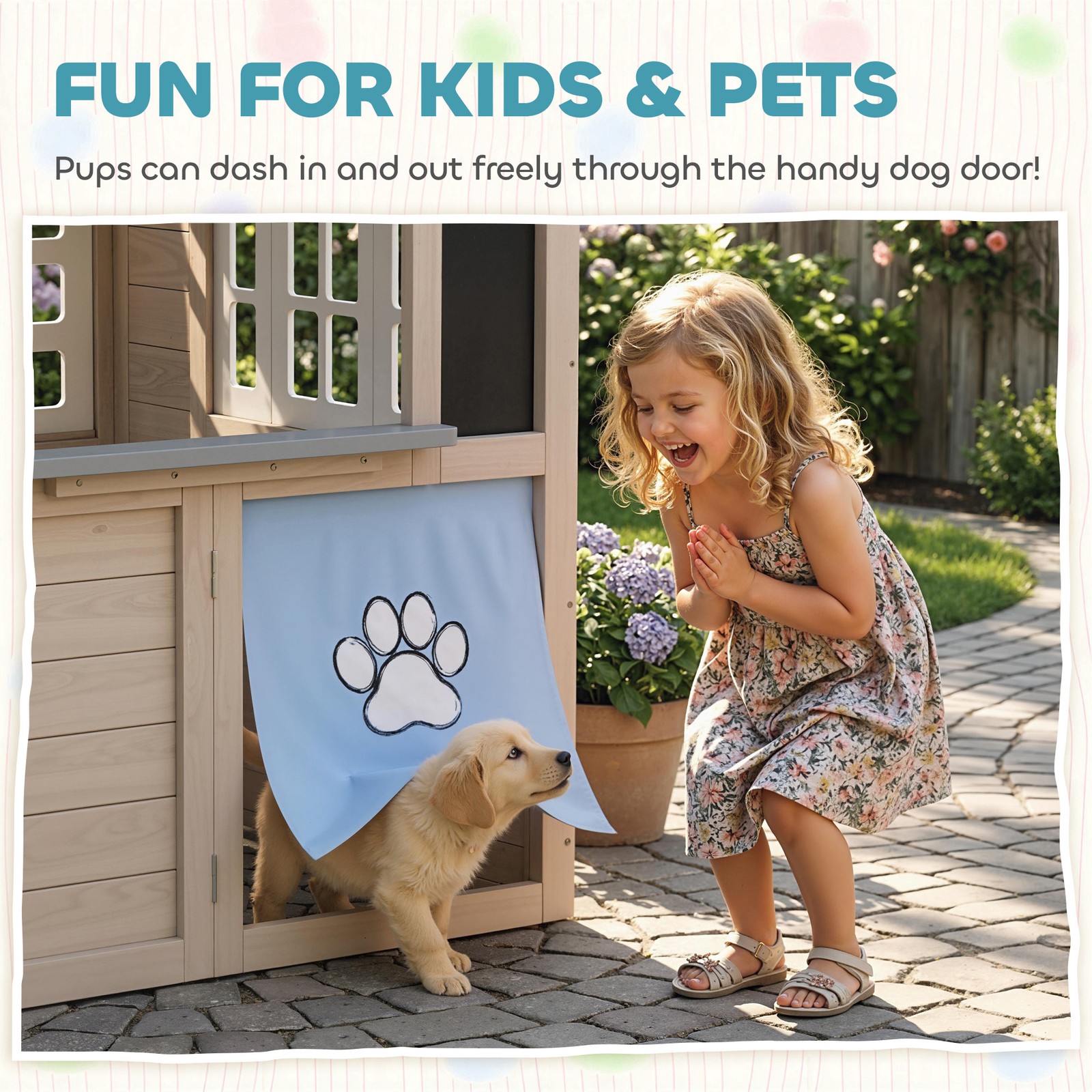 Qaba Outdoor Playhouse, Wooden Kids Playhouse with Dog Door, Cookware, Bell