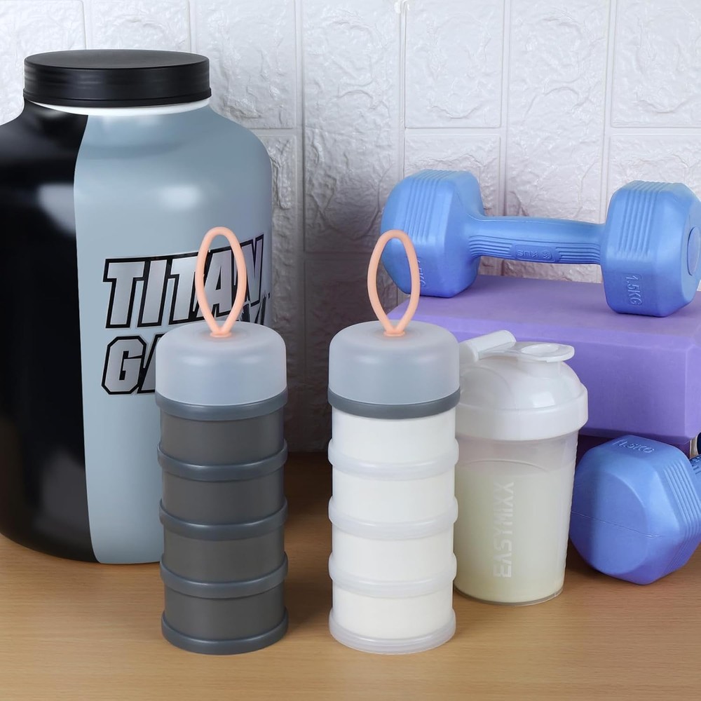 2 Pcs Protein Powder Container to Go with Funnels Stand, 4 Compartments Stackabl