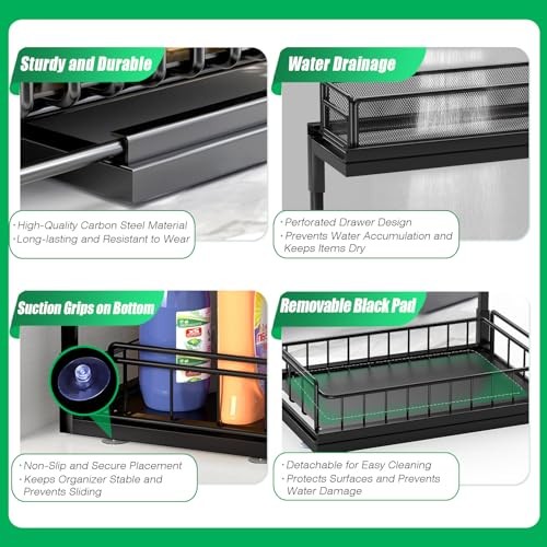 Under Kitchen Sink Pull Out Organizer, Pull Out Under Cabinet Black-2 Pack