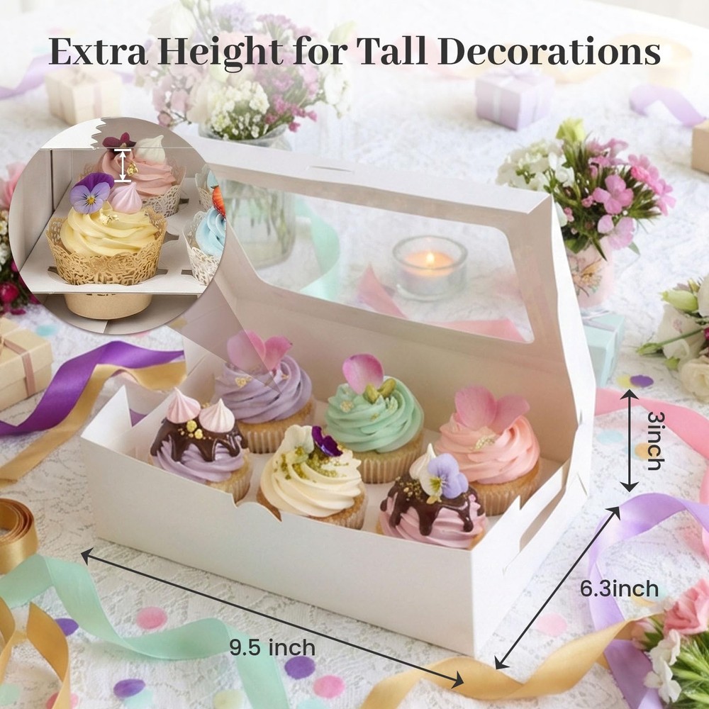 6PCS White Cupcake Boxes, 6 Count Cupcake Containers with Window Holding 36 P...