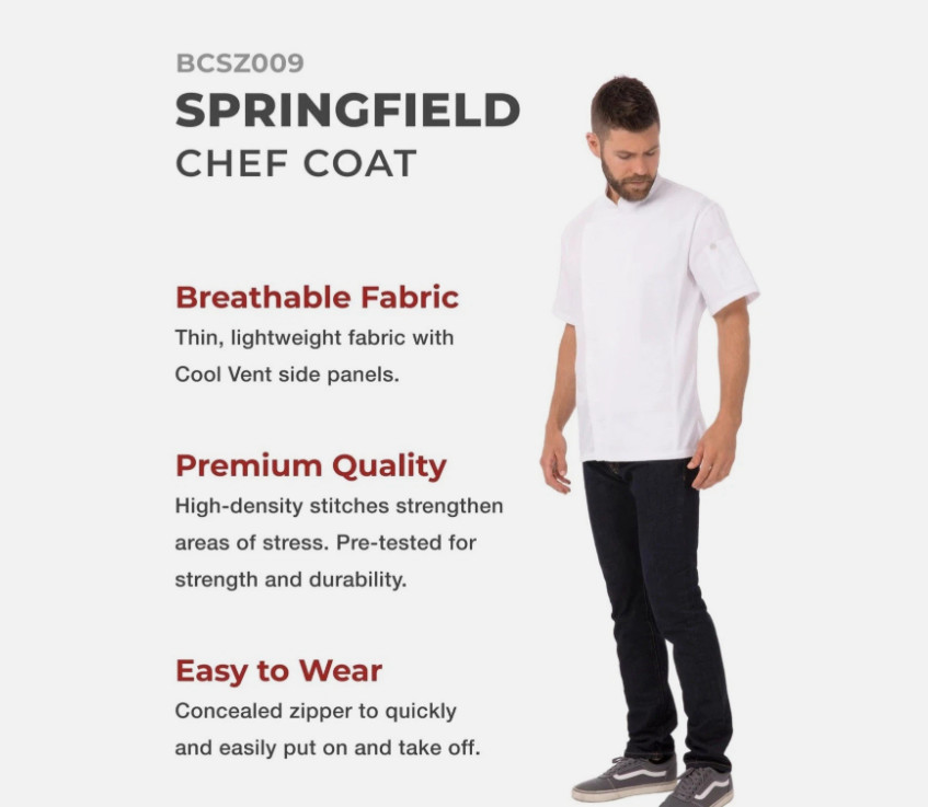 Chef Works NEW Springfield White Chef Coat Mens Large Zipper Arm Pocket BCSZ009
