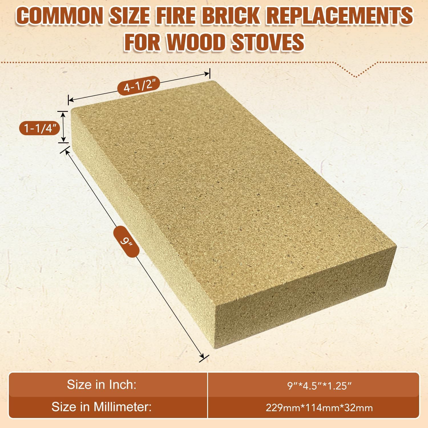 High-Temperature Fire Bricks for Wood Stoves and Fireplaces, 9"x4.5"x1.25", Pack