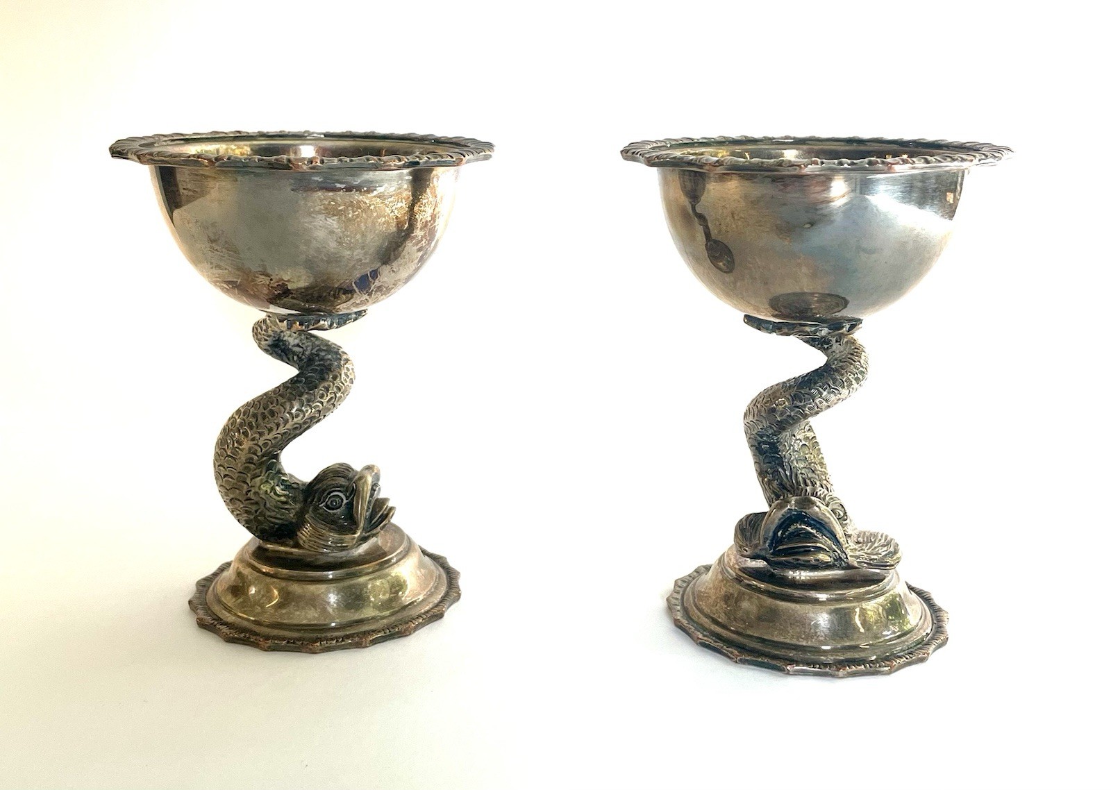 Antique Pair Barker Ellis Dolphin Compotes English Silver Plate Victorian