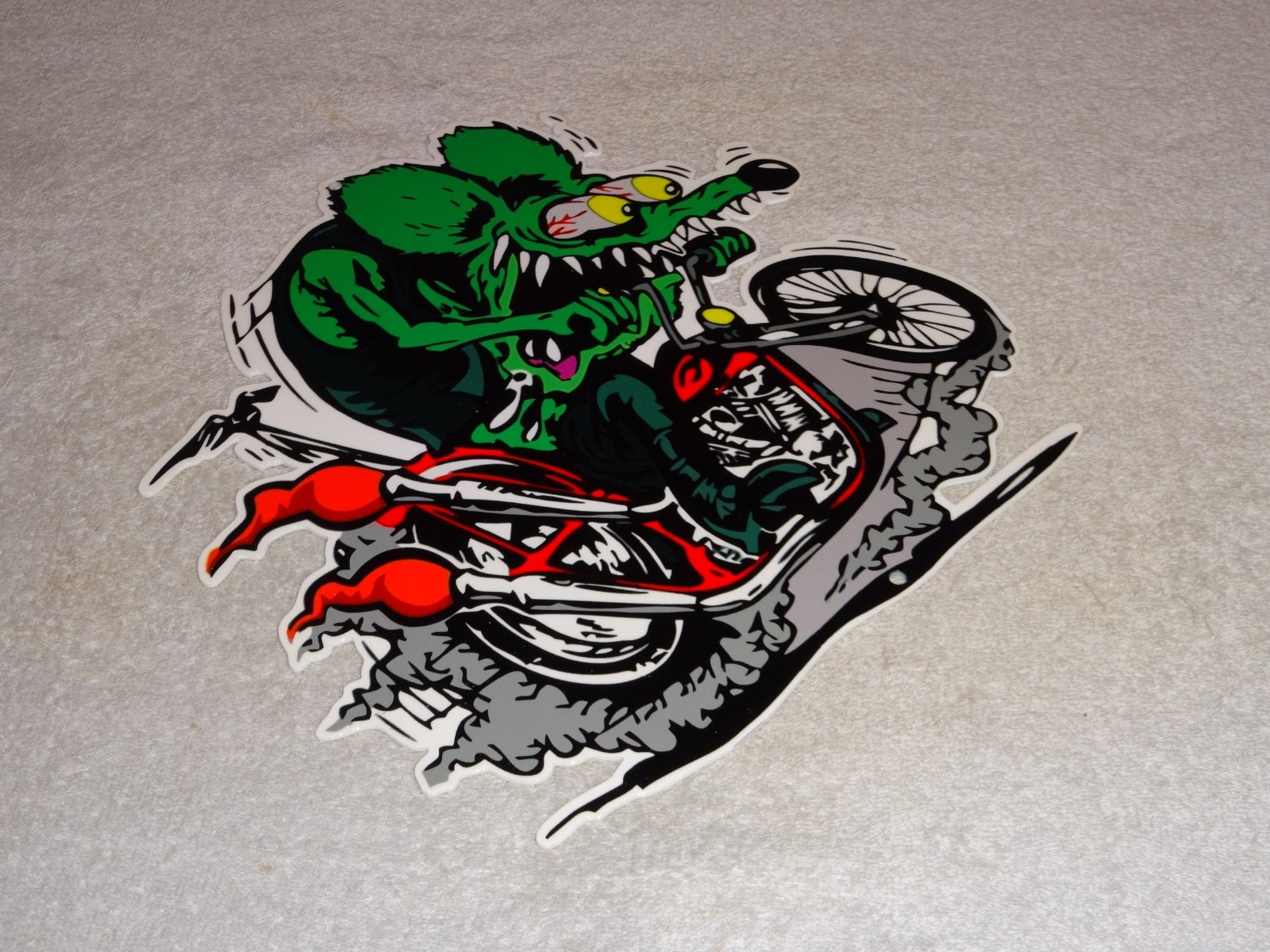 VINTAGE RATFINK RIDES MOTORCYCLE 12" PORCELAIN METAL RAT FINK GASOLINE OIL SIGN