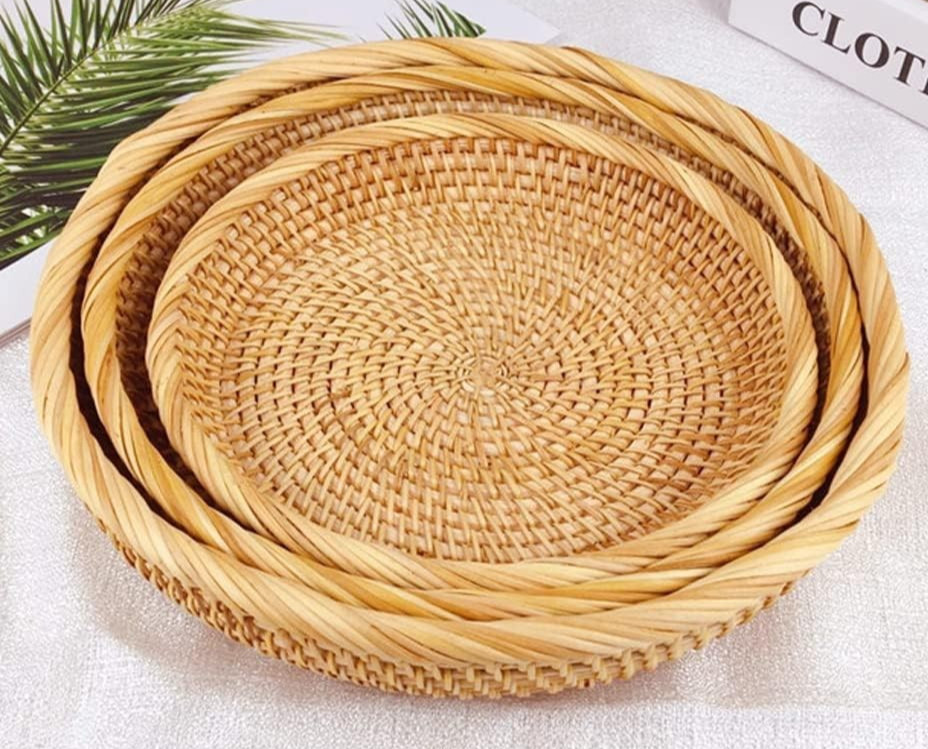 3 Pack Round Rattan Wicker Nesting Bread, Fruit, Storage,  Serving Baskets Trays