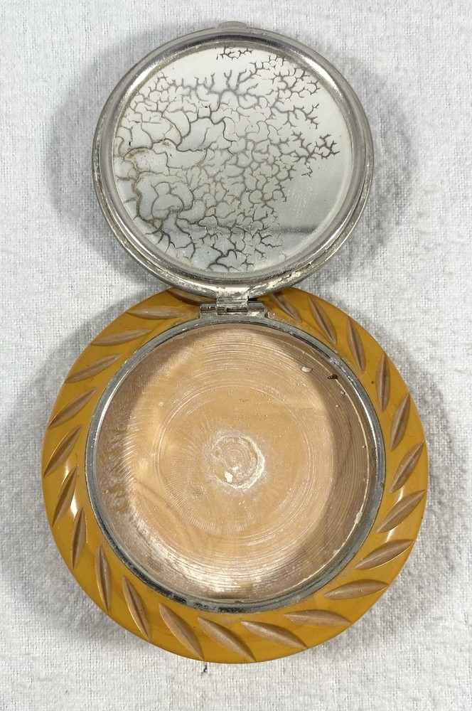 Vintage Art Deco Carved Butterscotch Bakelite Compact