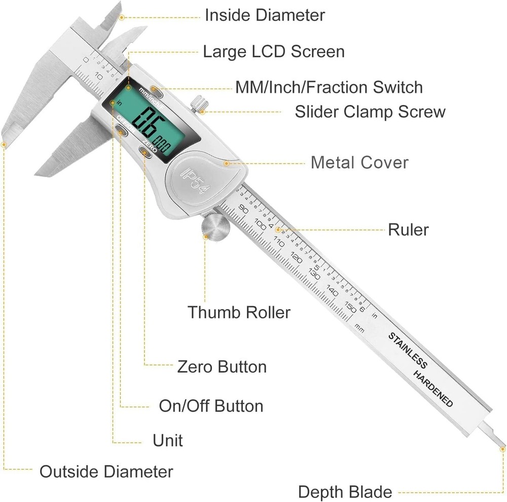Versatile 6-Inch Digital Caliper with LCD Display - Measure with High Precision