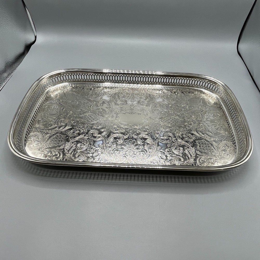 Large Vintage Silver Plated Rectangular Gallery Tray Footed Long Cocktail Drinks