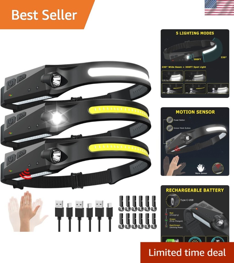 Versatile Camping Headlamp Set - 3 Rechargeable LED Lights with 5 Lighting Modes