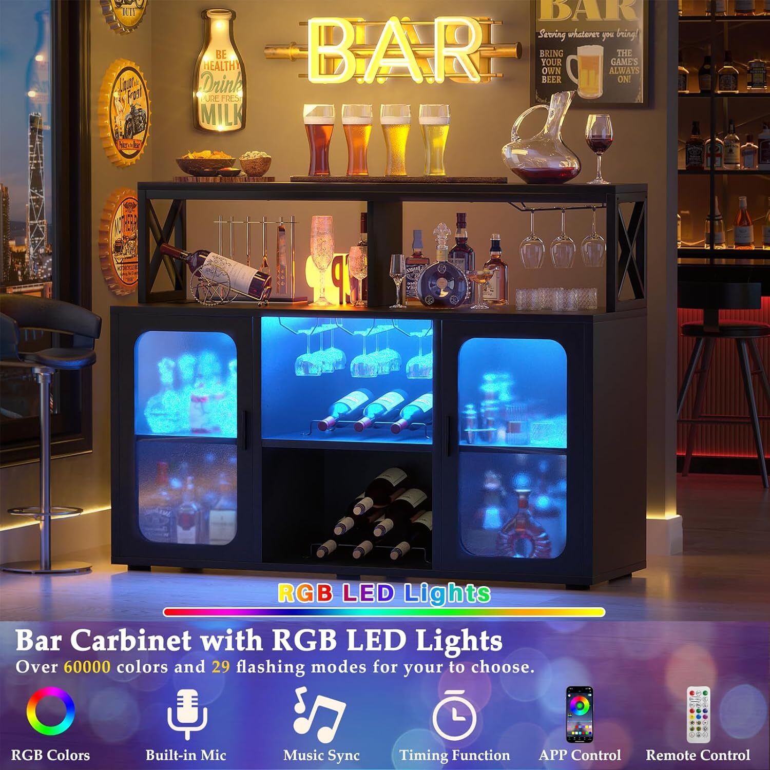 47" Bar Cabinet with LED Lights ＆ Glass Holder ＆ Racks, Storage Buffet Cabinet