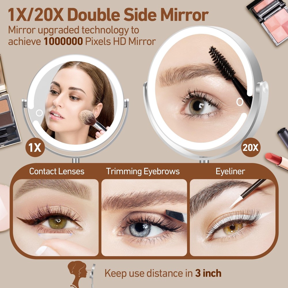 Magnifying Makeup Mirror 20X 8-Inch HD, Height-Adjustable - 3 Lighting Modes