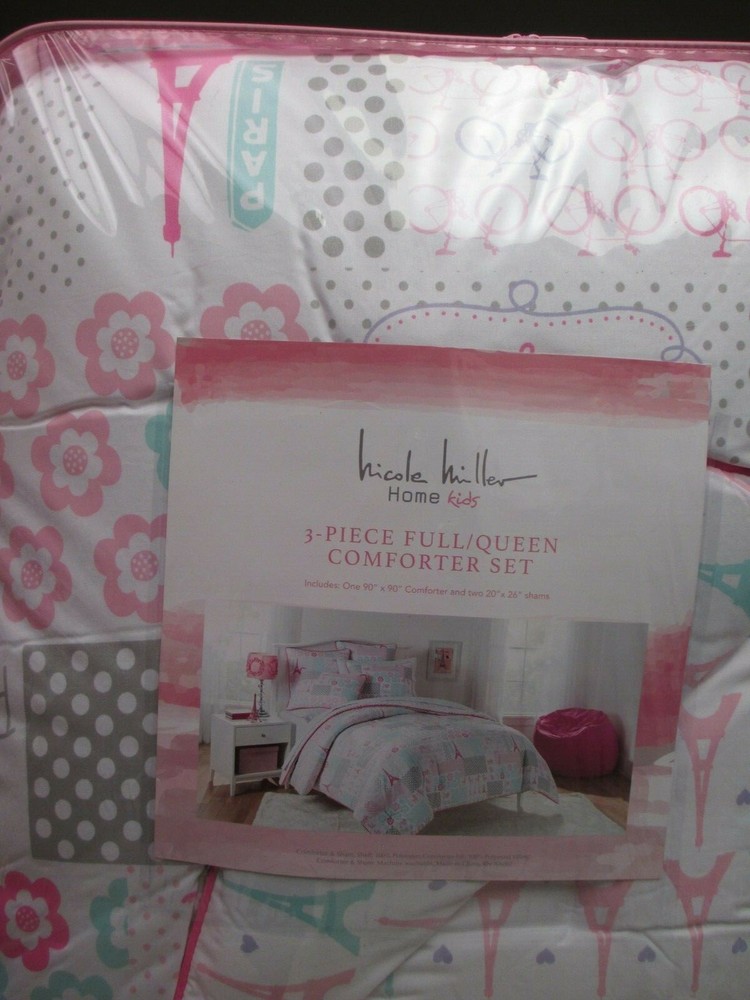 Nicole Miller 3pc Eiffel Tower Bicycle Pink White Comforter Set - Full/Queen