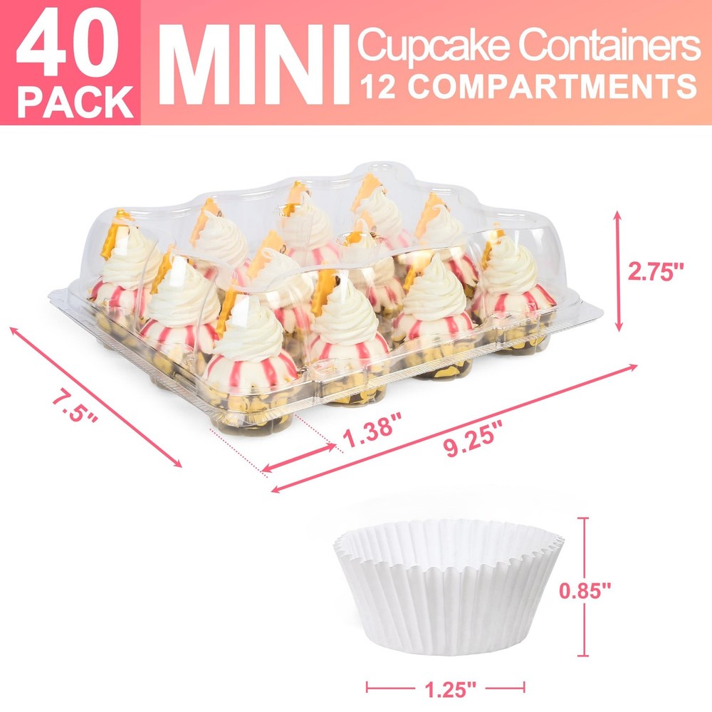 (12 Count x 40 Sets) Mini Cupcake Containers with 480 Liners, Clear Plastic C...
