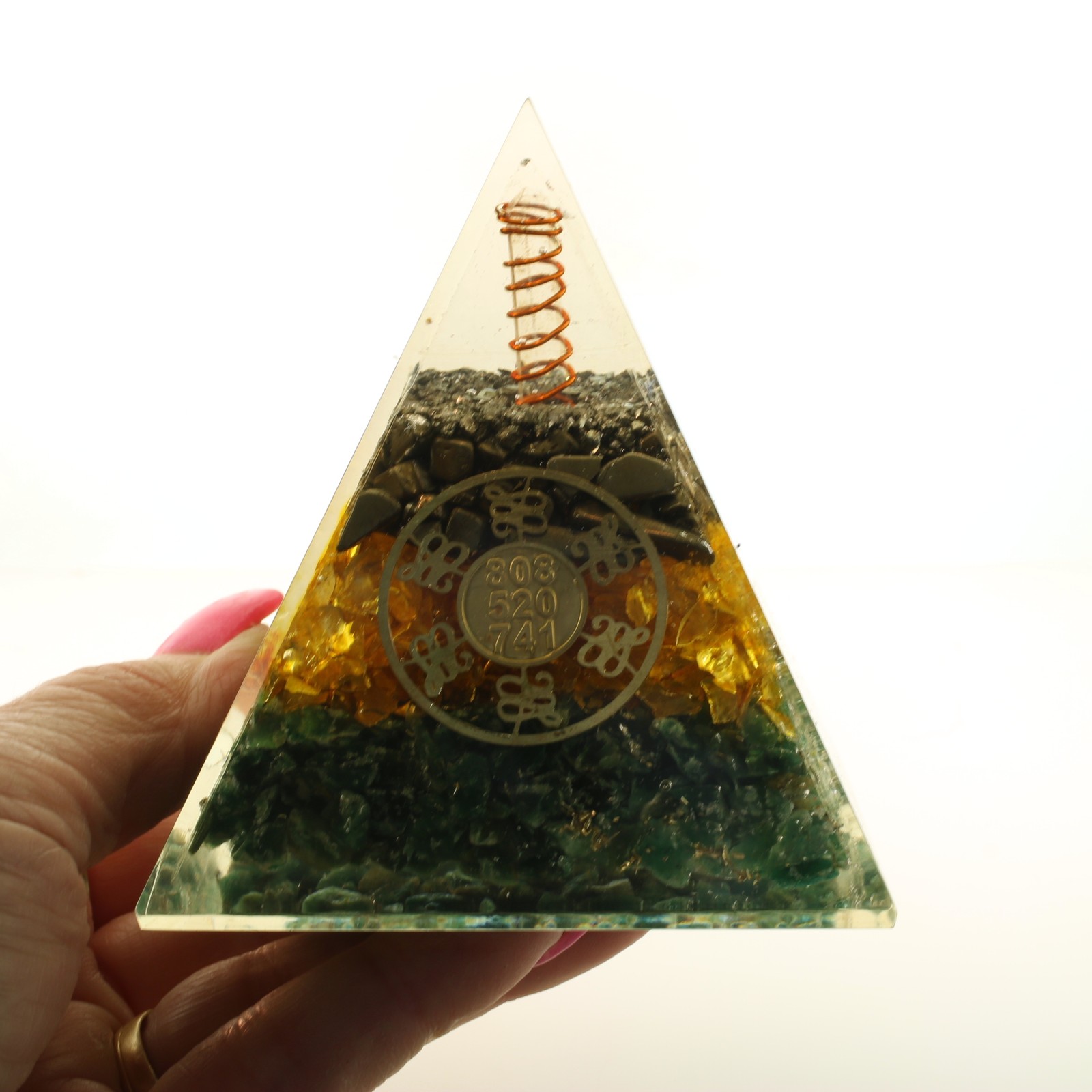 Pyrite Citrine, Aventurine Orgone Manifesting Pyramid 4in Tall EMF & 5G