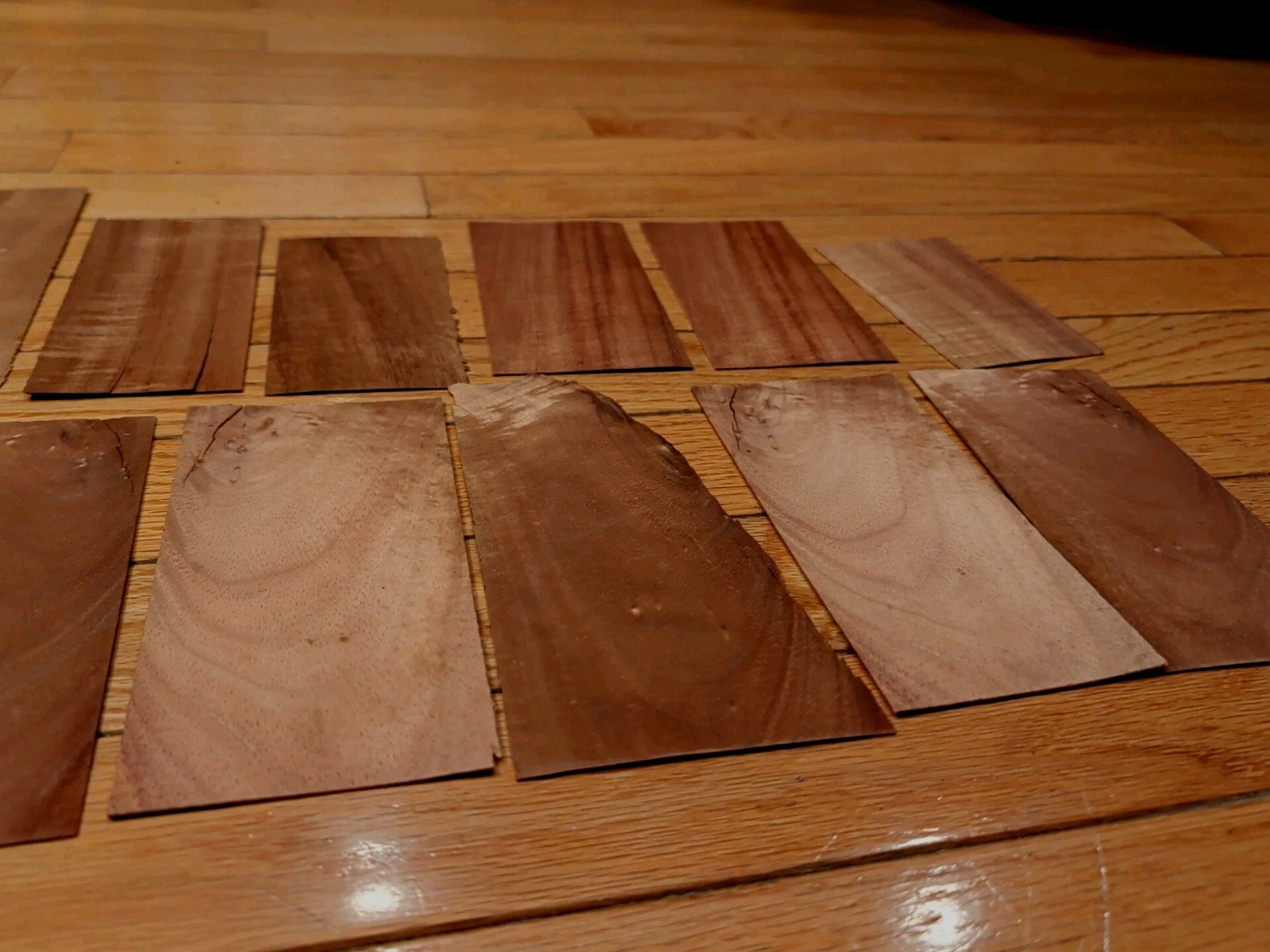 8 pieces Koa wood veneer 2" x 6" & 3" raw some 1/42" + 9 more pieces cracks