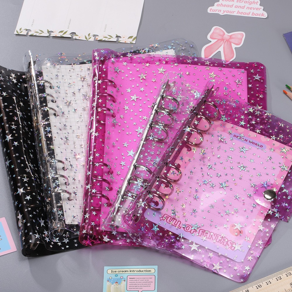 A6 Binder Cover, Stars Refillable Notebook Shell with Snap Button, Pink