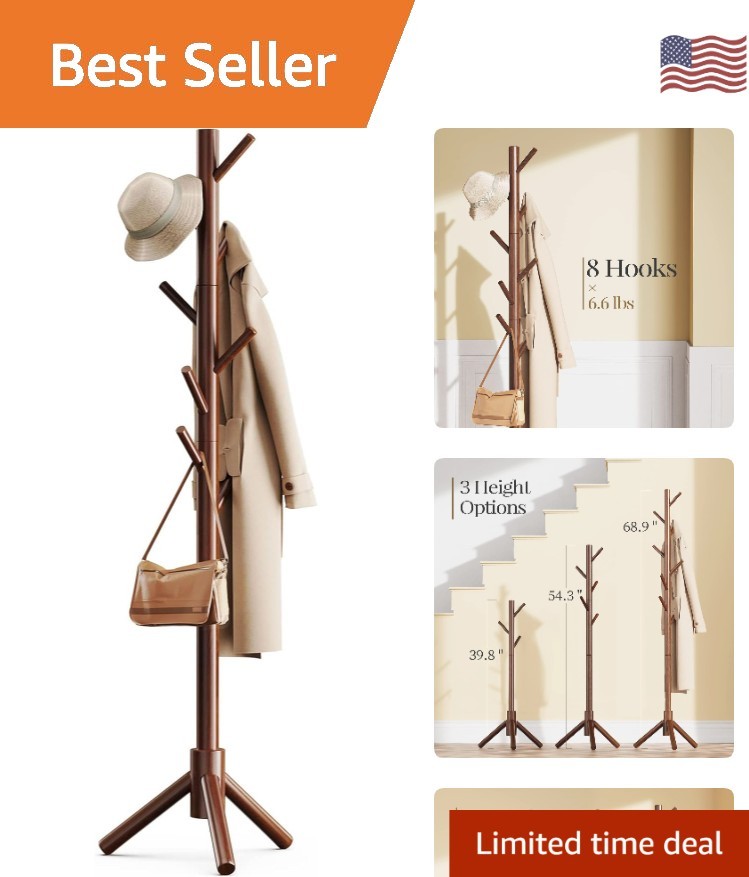 Freestanding Wooden Coat Tree - Stylish Storage Solution with Adjustable Height