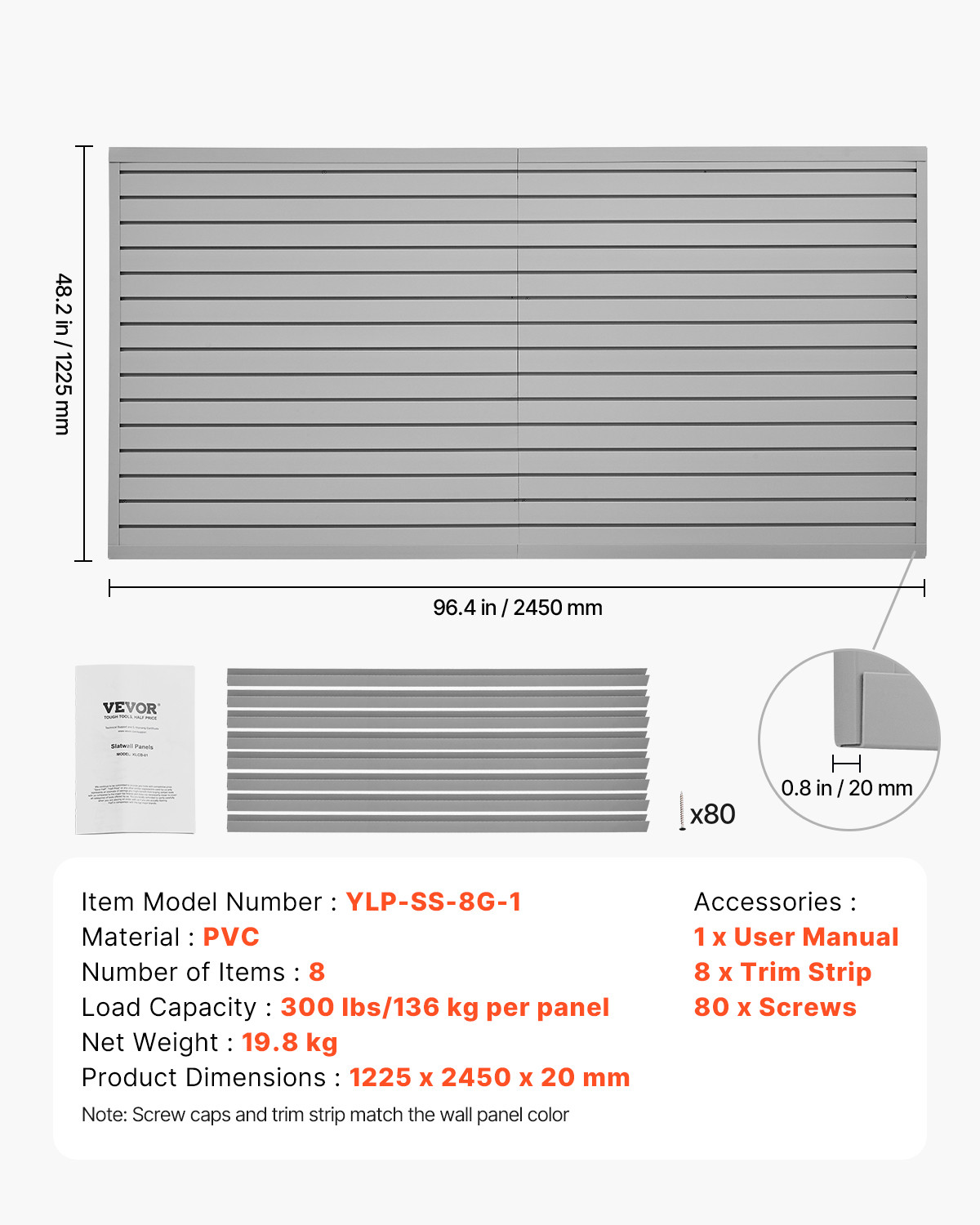 VEVOR 8 x 4 ft Slat Wall Paneling PVC Grey Garage Slatwall with Modular Design