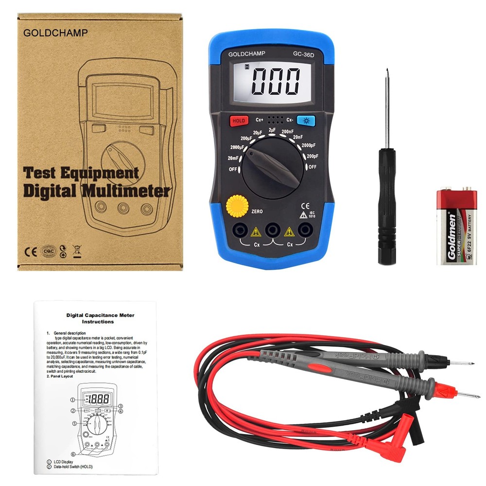 GOLDCHAMP Capacitor Tester Multimeter Capacitance Meter 200pF-20mF GC-36D