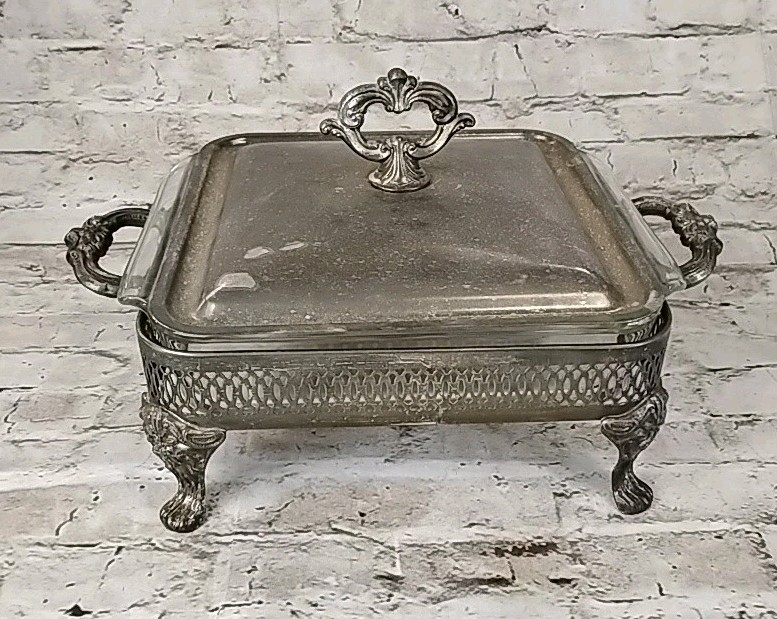 Vintage Silver Plate Footed BUFFET SERVER with Fire King Ovenware Glass Insert