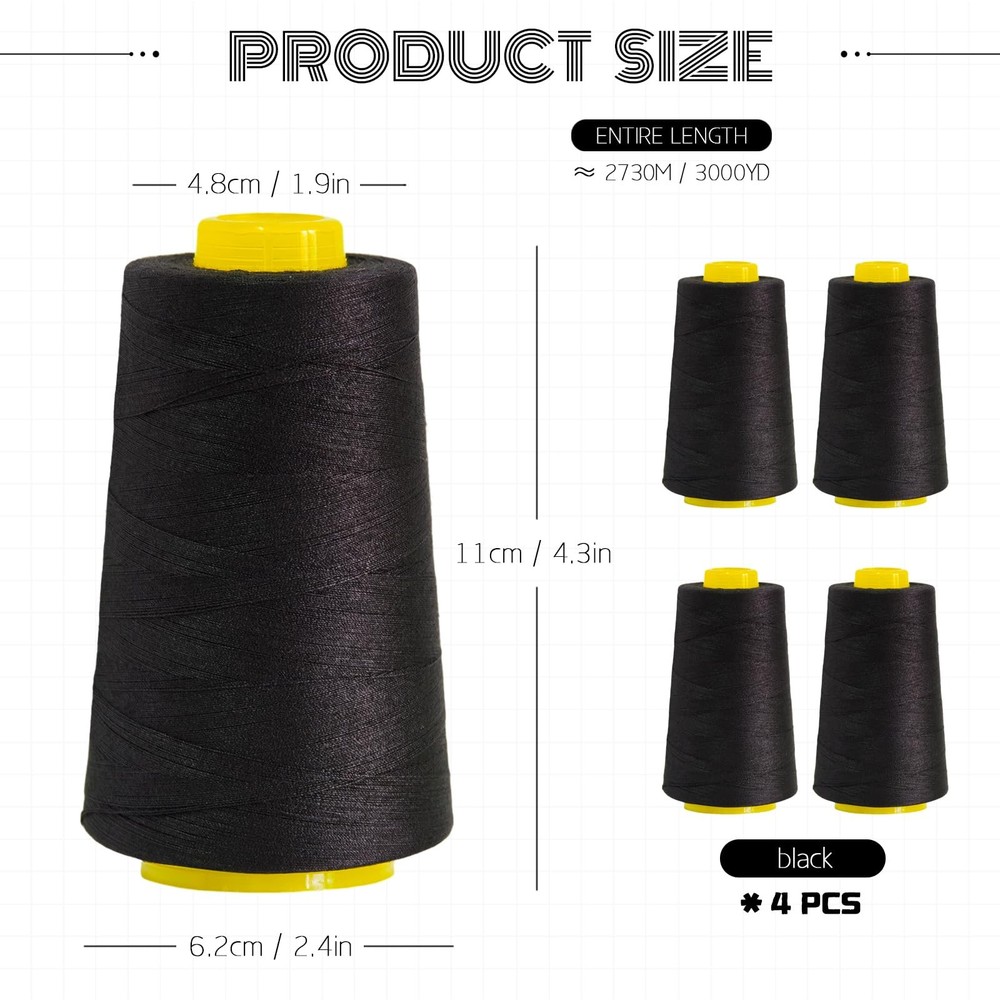 4-Pack Black Polyester Sewing Thread Cones 12000 Yards Total Serger