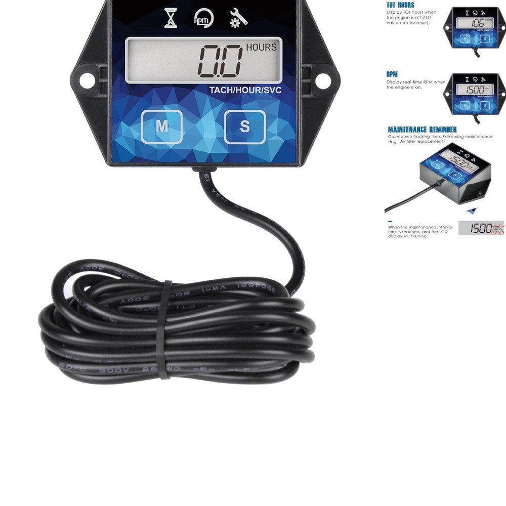 Small Engine Hour Meter, Digital Tachometer, Maintenance Reminder, Battery Re...