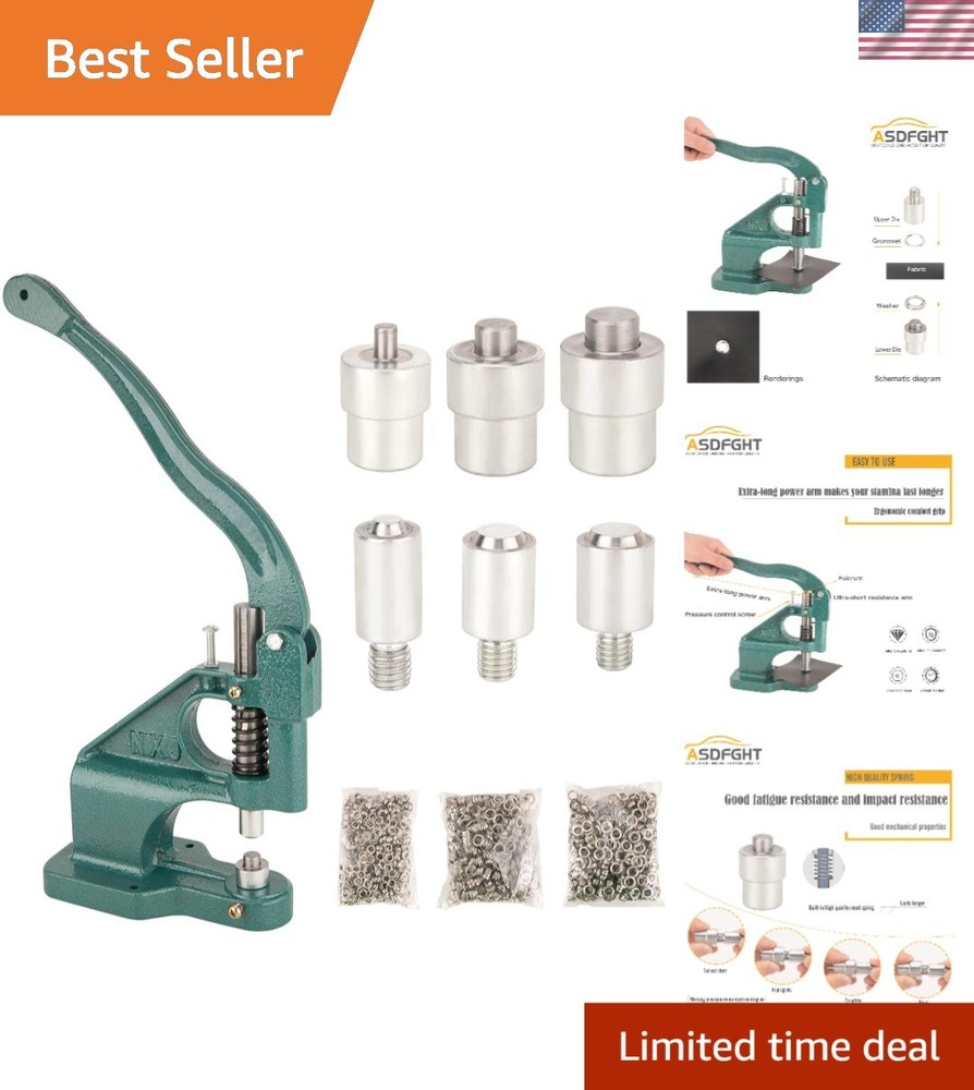 Efficient Grommet Machine Kit - 3 Interchangeable Dies & 1500 Grommets Included