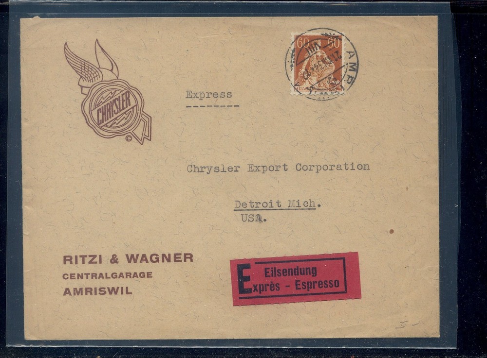 Switzerland  large cover Chrysler  ad,  express cover to US