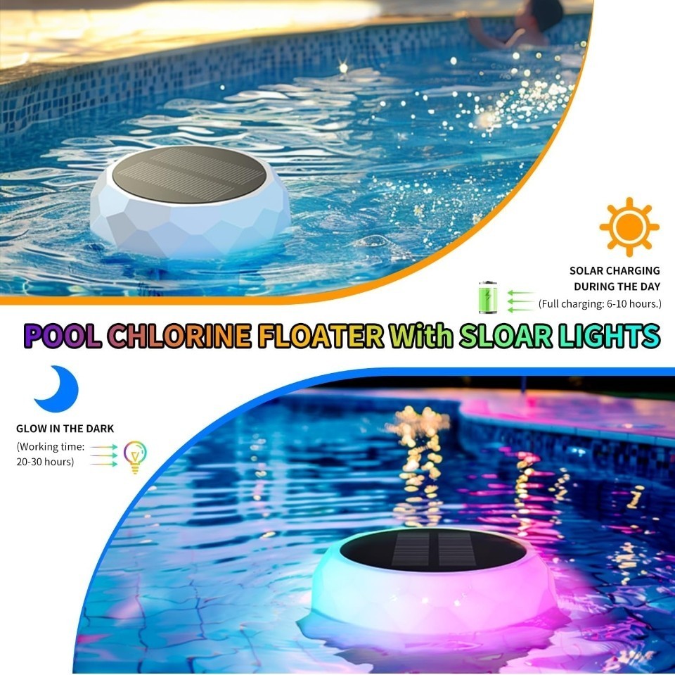 Floating Solar Pool Light With Chlorine Tablet Box Static Color Modes Remote