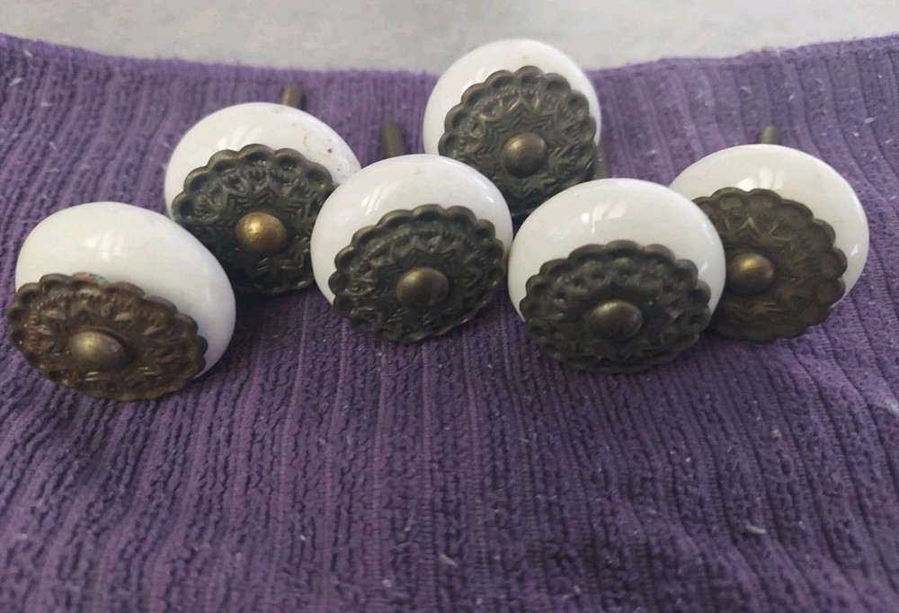 6 Ceramic And Metal KNOBS Round DRAWER PULLS HANDLE White Bronze Hobby Lobby