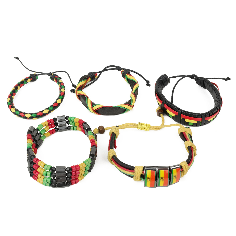 Rasta Stylish Assorted Leather Adjustable Bracelets 5 Piece Set