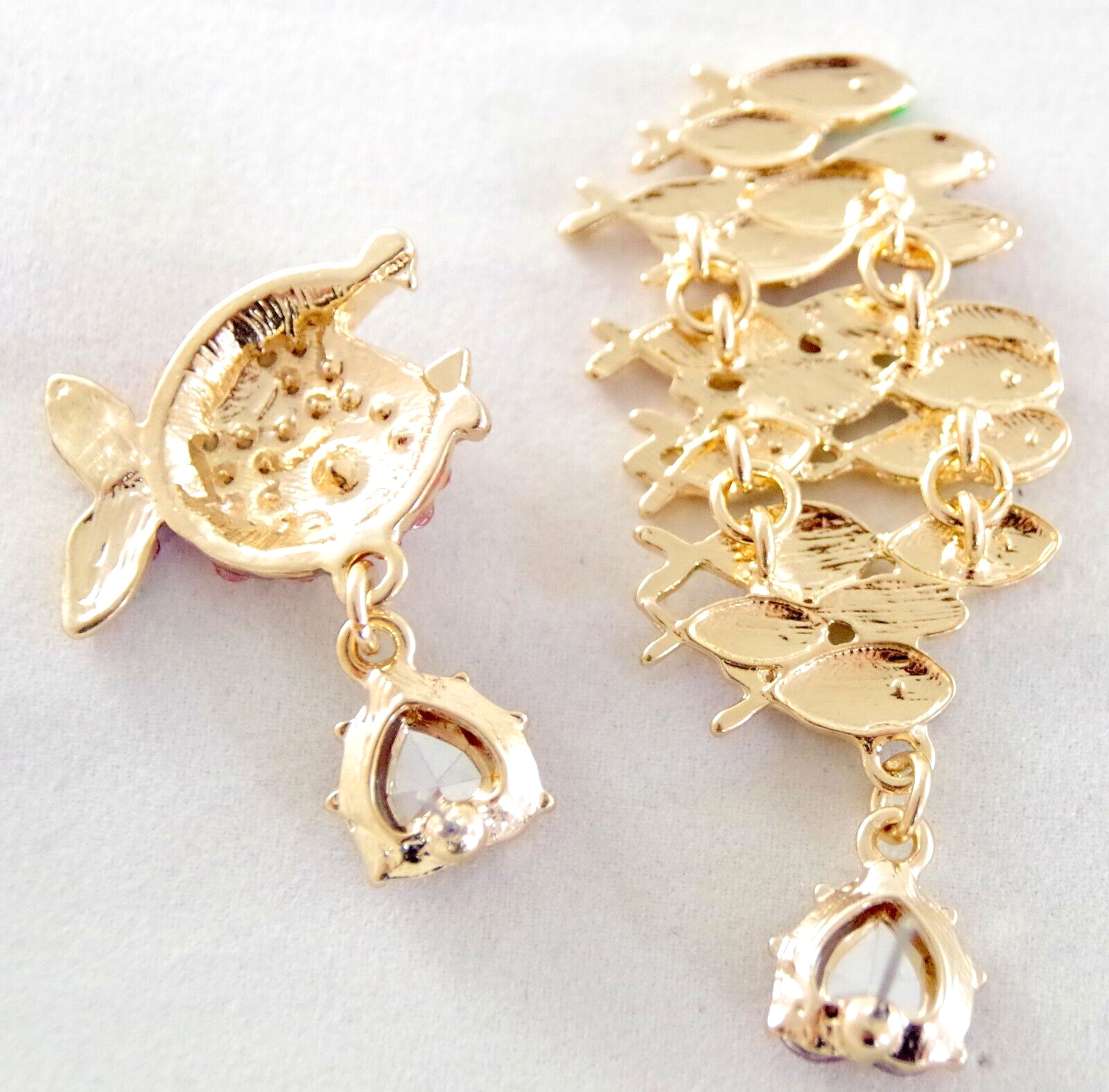 BETSEY JOHNSON ASYMMETRICAL PREDATOR/ SCHOOL OF FISH RHINESTONE DANGLE EARRINGS