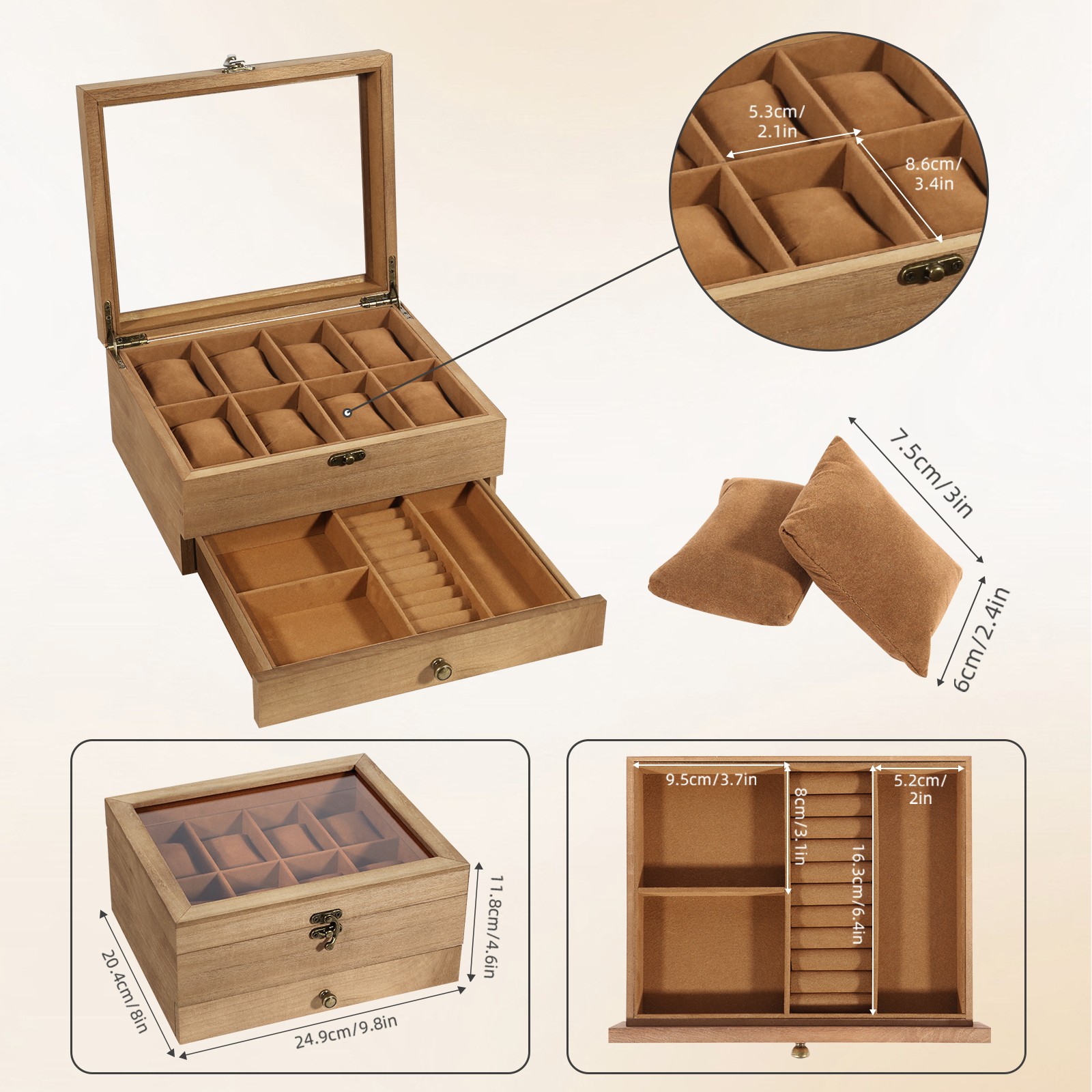 8-10-12 Slot Watch Box Solid Wood Watch Display Case with Glass Lid Watch Holder