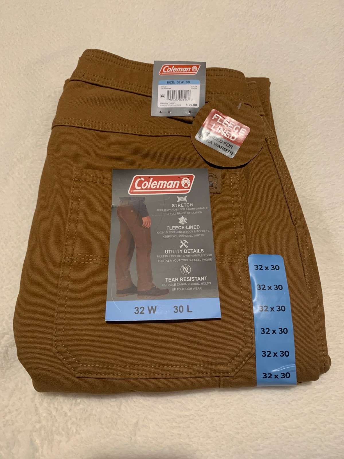 Coleman Men's Carpenter Fleece Lined Pants Choose SZ & Color Toffee, Green, Grey