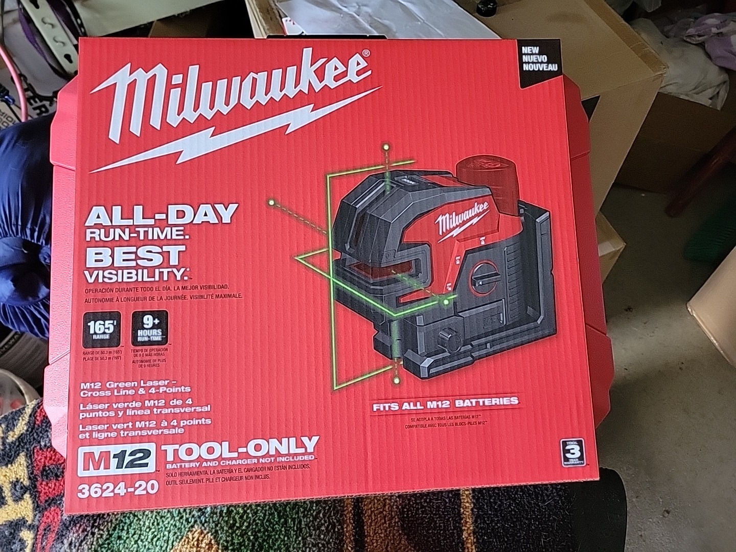 Milwaukee 3624-20 M12 12V Cordless Green Cross Line & 4-Points Laser