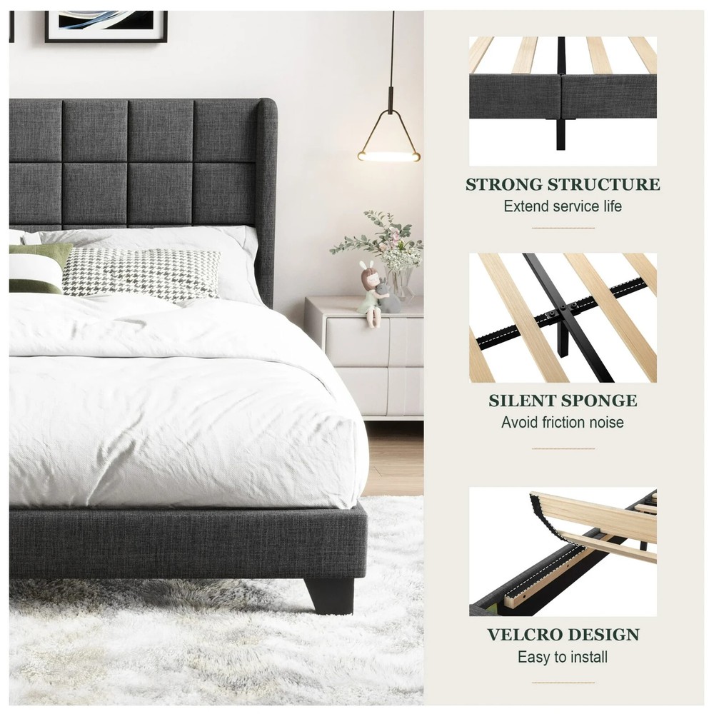 King Sized Platform Bed with Wingback Headboard. Square Stitched Style,Dark Grey