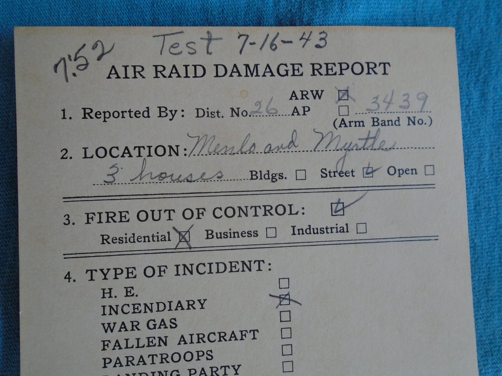 WWII Air Raid Damage Report, dated test, with original instructions