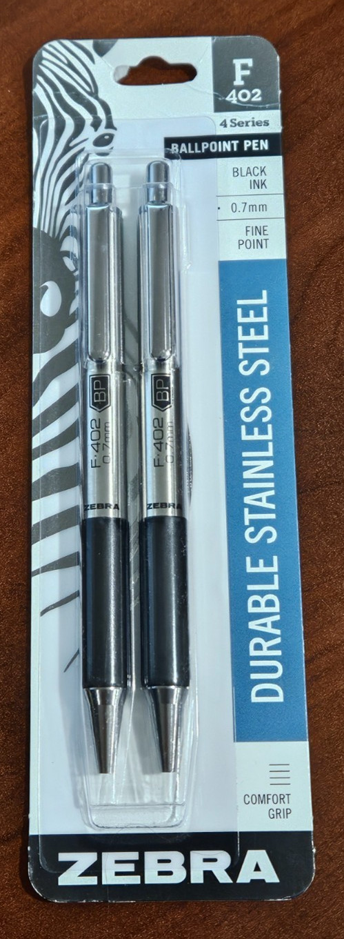 2 Zebra F402 Ballpoint Stainless Steel Retractable Pen Fine Point Black 0.7 mm