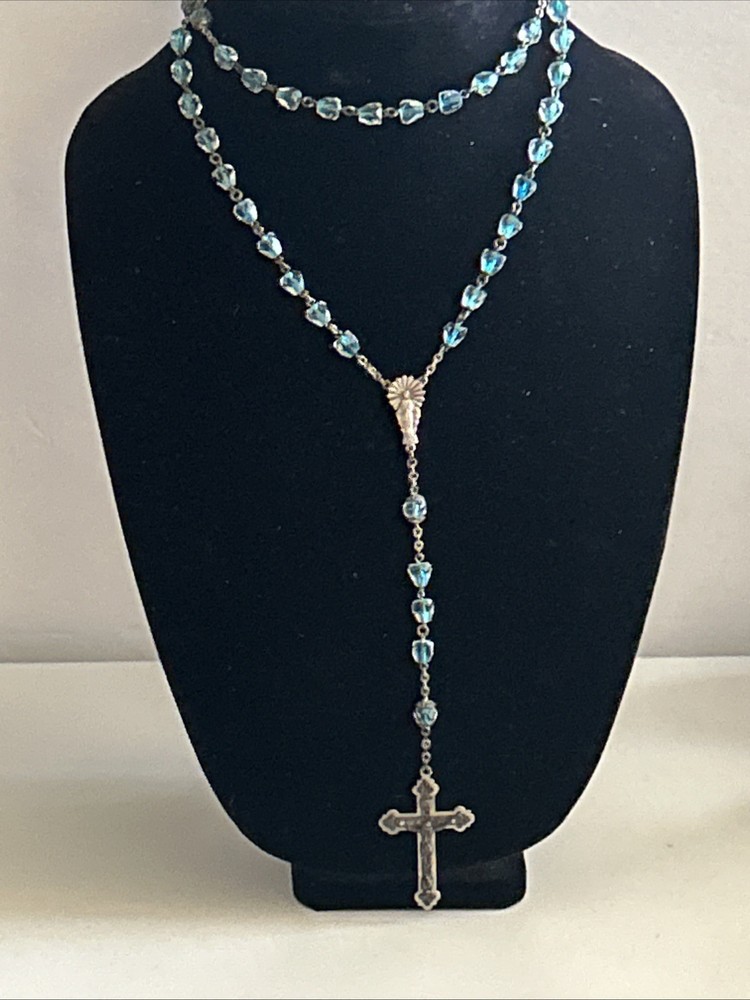 Vintage Rosary 23.5" Faceted Glass Rectangular Light Blue Beads